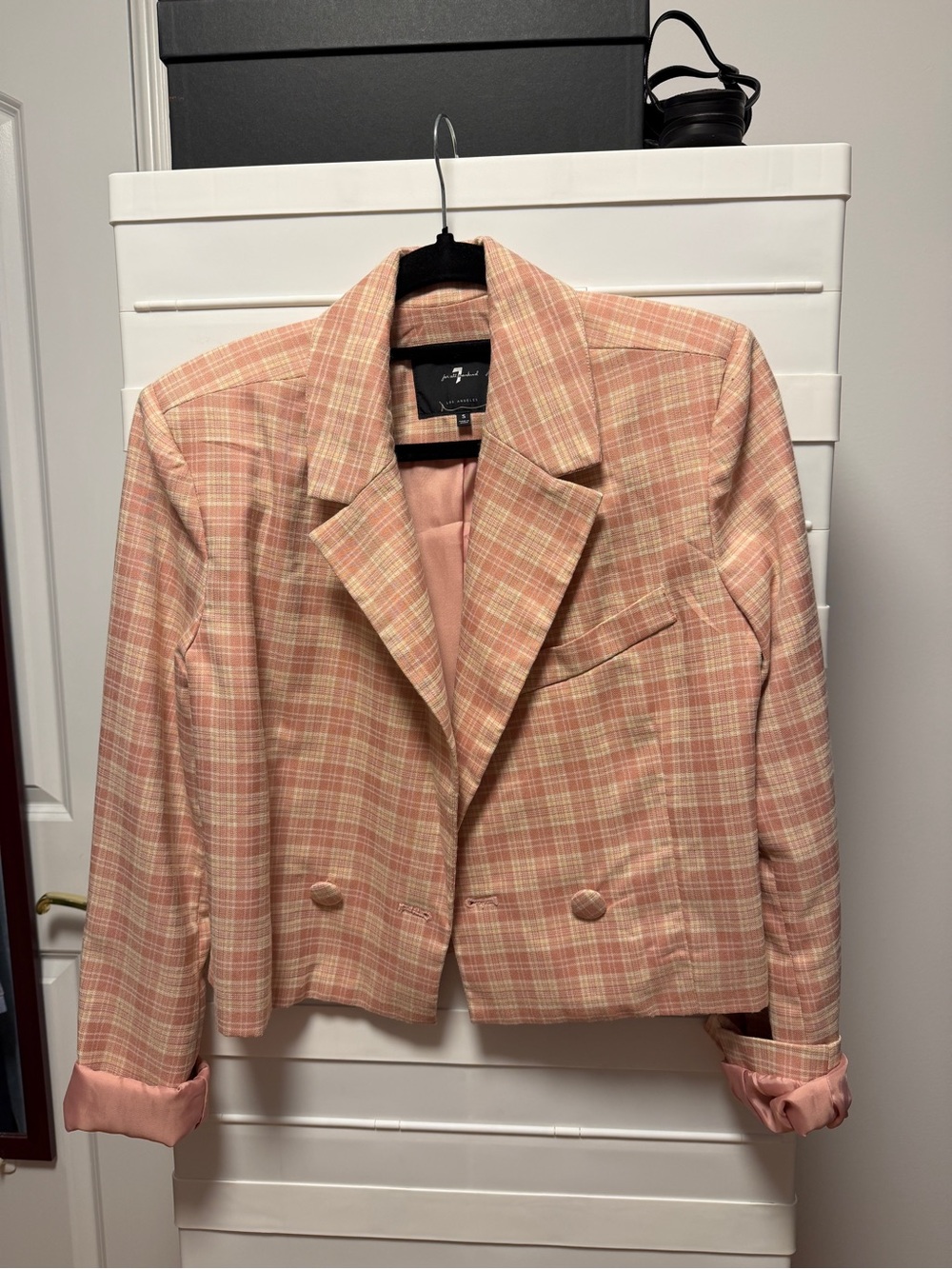 Pink Plaid Cropped Blazer Jacket - 7 for all mankind